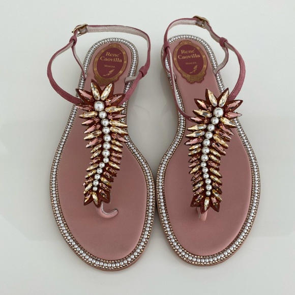 RENE CAOVILLA BLUSH CRYSTAL PEARL EMBELLISHED SANDALS SIZE IT 38.5 / US 8.5 NEW! - Picture 9 of 17
